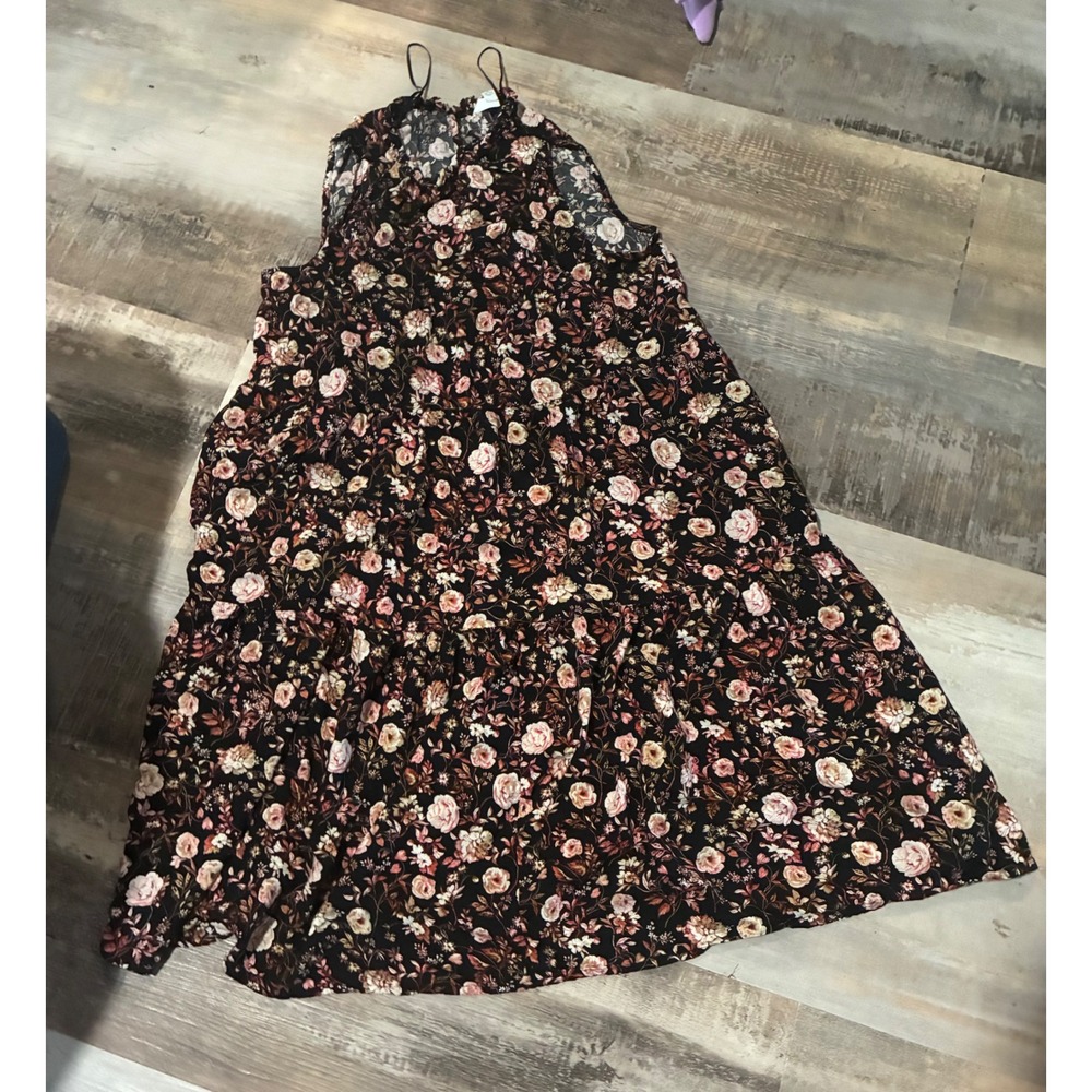 Time and Tru Womens Floral Tiered Midi Dress Black Pink Rose Sleeveless Medium